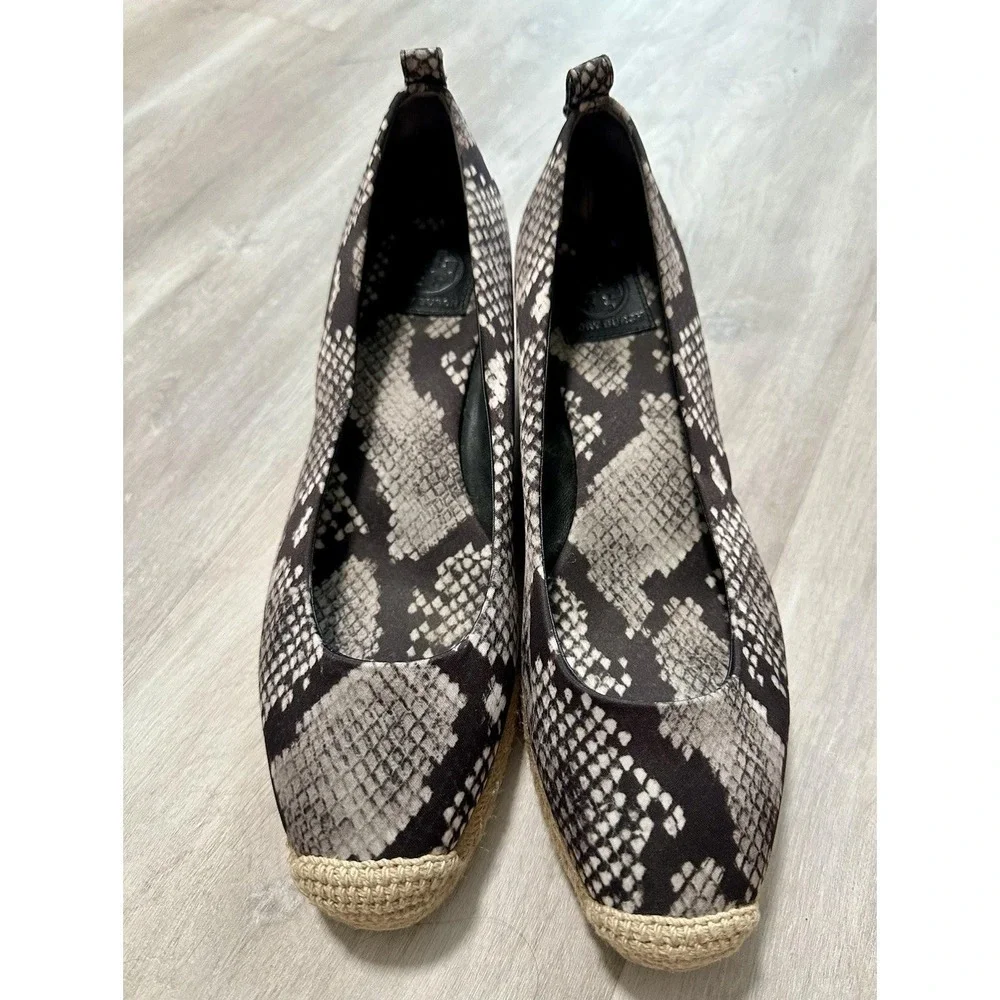 Tory Burch Womens 8.5 Heather Snake Print Wedge Espadrille Black‎ Grey